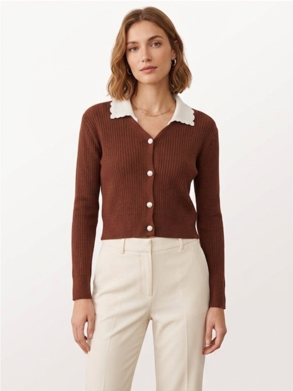 Brown Knit Cropped Cardigan With Cream Collar & Flower Buttons Size Small
